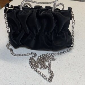 Chic Black Satin Clutch with Silver Chain
